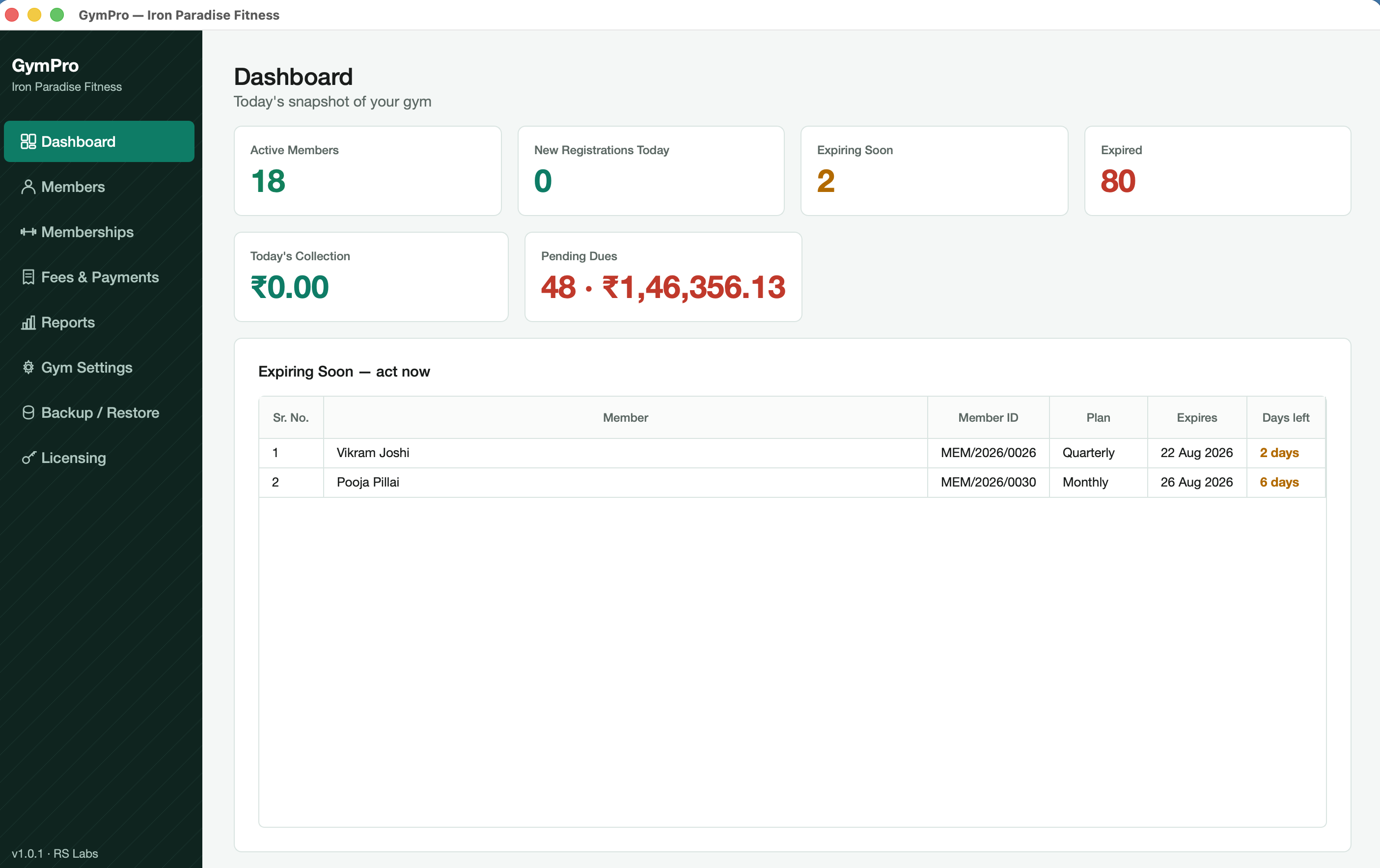 GymPro dashboard showing active members, expiring soon, and pending dues